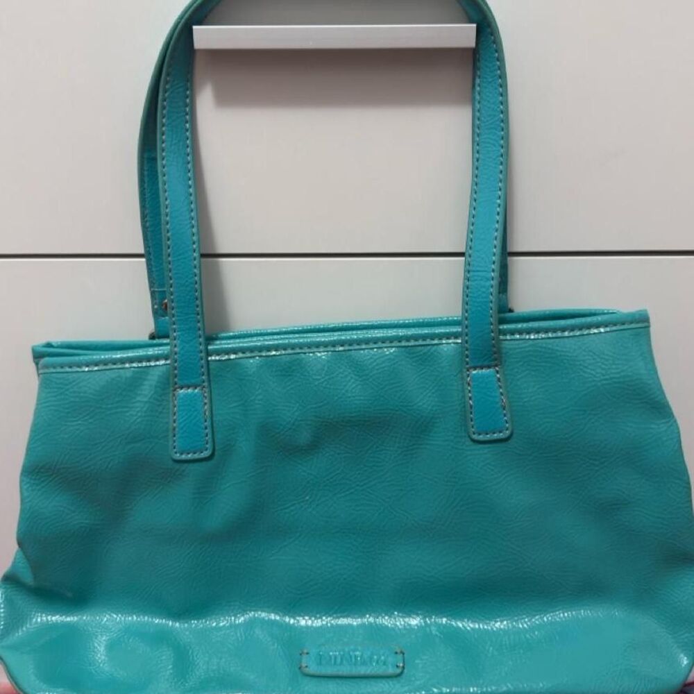Vintage Y2K Nine & Co Electric Aqua Teal Patent Leather Satchel Tote